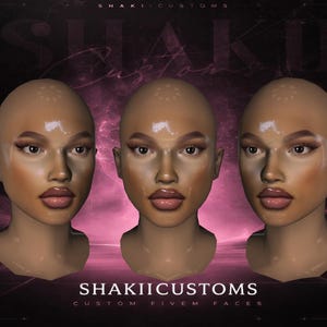 Può includere: Tre volti renderizzati in 3D con trucco, su uno sfondo scuro con accenti rosa. I volti sono calvi con trucco dettagliato, tra cui ombretto e rossetto. Il testo "SHAKII CUSTOMS" e "CUSTOM FIVEM FACES" è visibile.