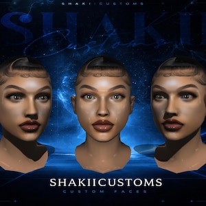 Op de afbeelding: Drie digitale portretten van een persoon met donker haar en make-up, tegen een donkerblauwe achtergrond met de tekst "SHAKII CUSTOMS" en "CUSTOM FACES". De portretten tonen verschillende gezichtsuitdrukkingen.