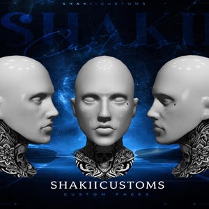 May include: Three white mannequin heads with detailed facial features and neck tattoos. The tattoos are black and white, featuring floral and skull designs. The background is dark blue with the text "SHAKII CUSTOMS" and "CUSTOM FACES".