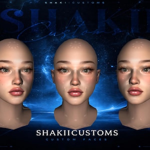 Puede incluir: Tres representaciones digitales de una cabeza calva y lisa con expresión facial neutra, que presenta cejas definidas, pestañas largas y labios brillantes. El texto SHAKII CUSTOMS CUSTOM FACES aparece en la parte inferior sobre un fondo azul oscuro.