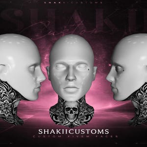 May include: Three white mannequin heads with detailed black and white floral and skull neck tattoos. The central head faces forward, flanked by profiles. The image includes the text "SHAKII CUSTOMS" and "CUSTOM FIVEM FACES".