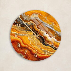 Orange Marble Wall Clock, Tempered Glass Art, Living Room Accent