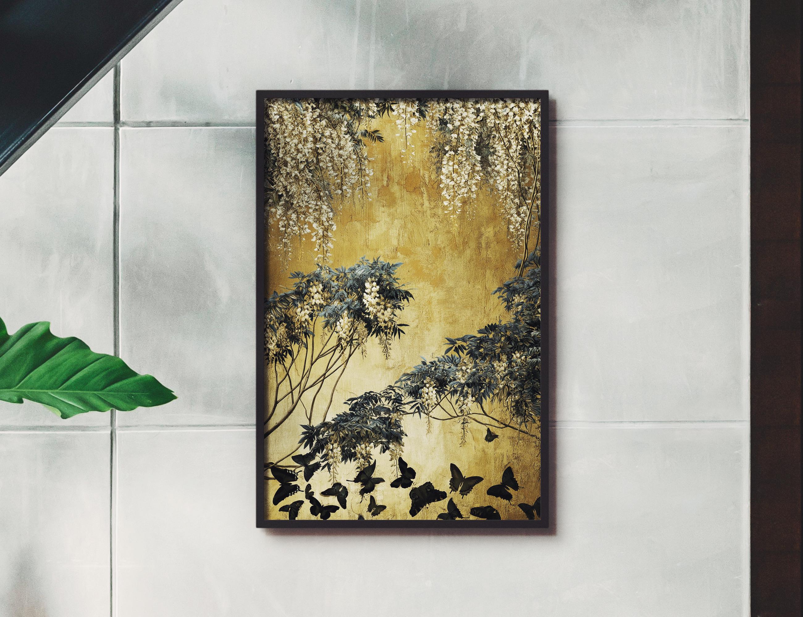 Ivory Wisteria Gold Poster Print, Frameless Scandinavian Floral Wall ...