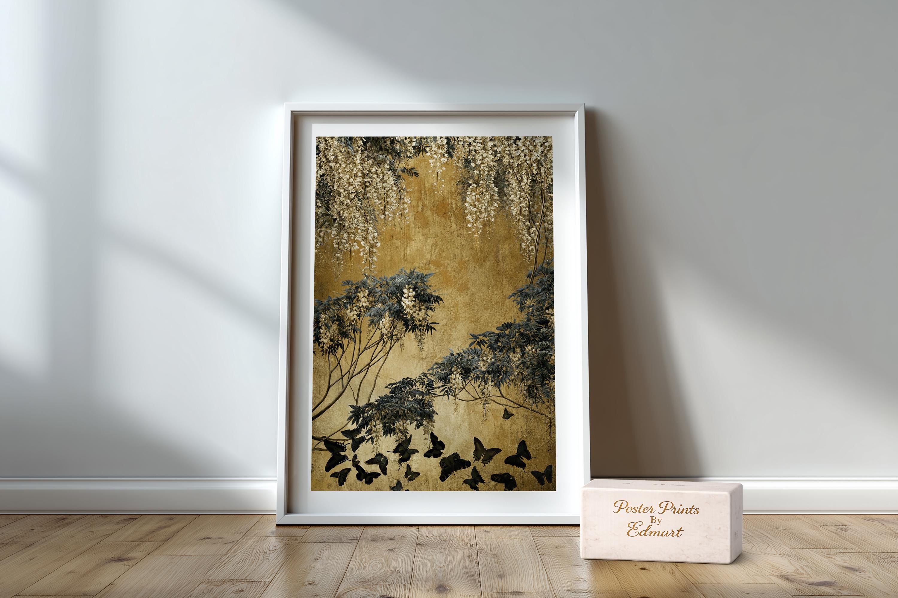 Ivory Wisteria Gold Poster Print, Frameless Scandinavian Floral Wall ...