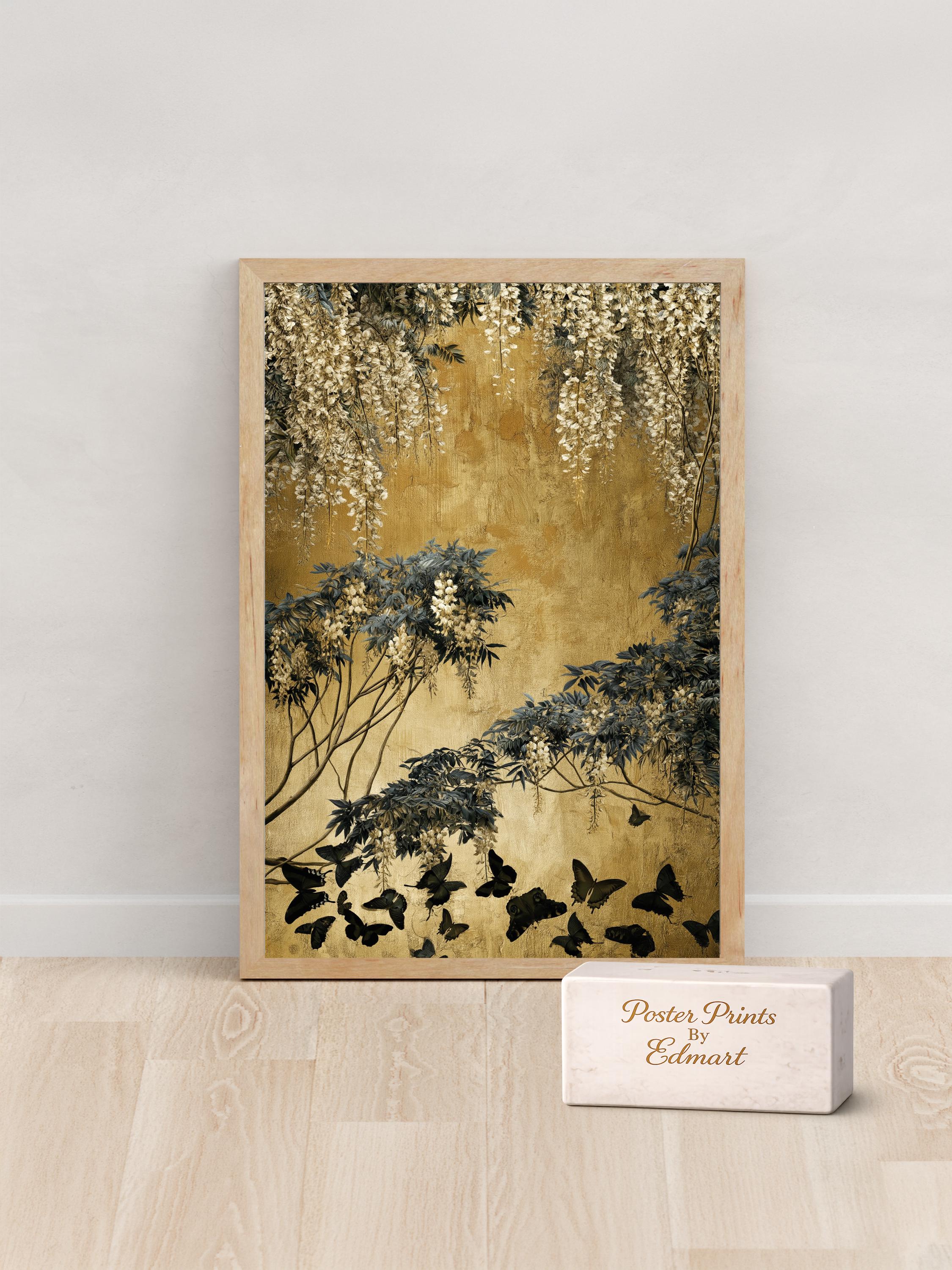 Ivory Wisteria Gold Poster Print, Frameless Scandinavian Floral Wall ...