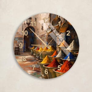 Vibrant Spice Market Scene Art Tempered Glass Wall Clock - Bohemian Kitchen & Dining Room Decor Gift