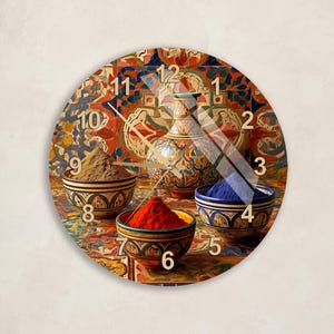 Multicolor Moroccan Spice Market Art Tempered Glass Wall Clock for Bohemian Home Decor & Kitchen Accent