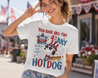 Snoopy hotdogshirt, You Look Like The 4th Of July-T-shirt, Peanuts Patriotic Comfort Kleuren Zomeroutfit