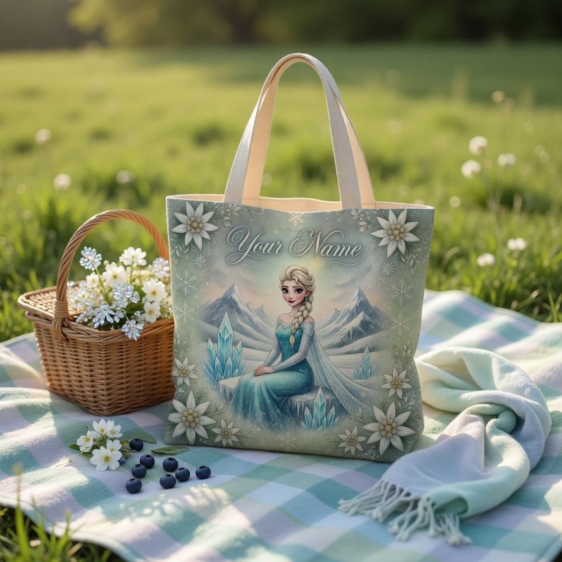 Op de afbeelding: Een canvas draagtas met een prinsessenontwerp en de tekst "Your Name". De tas heeft cr&egrave;mekleurige handvatten en is versierd met bloemen- en bergillustraties. Een picknickmand, sjaal en bosbessen staan ook op de afbeelding.