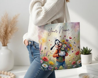 Aangepaste draagtas Goofy zonnebloem, gepersonaliseerde canvas tas met naam, op Disney geïnspireerde cartoonschoudertas, cadeau voor haar