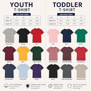 May include: A display of youth and toddler t-shirts in various colors, including sport grey, black, red, pink, navy, and green. Size charts in inches are included, with measurements for width and length.