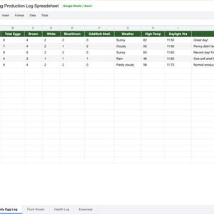 May include: A spreadsheet titled "Chicken Egg Production Log" in Google Sheets. The log includes dates, egg counts, colors, weather, and notes. The top left corner shows the date range 2024-03-01.