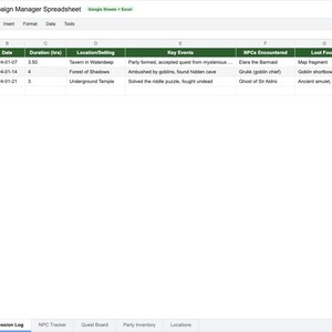 D&D Campaign Manager Spreadsheet | DnD Session Log | NPC Tracker | Quest Board | Party Inventory | DM Planner Google Sheets Excel