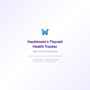 Puede incluir: Gráfico digital con un icono de mariposa azul en la parte superior. El texto dice "Hashimoto's Thyroid Health Tracker" y "Track Your Thyroid Journey". Debajo, dice "Track symptoms, medications, labs & appointments -- all in one place."