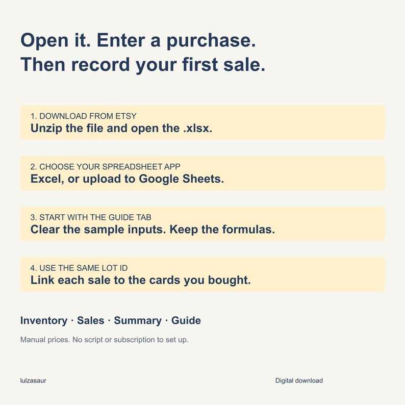 May include: A digital instruction guide for a spreadsheet tracker with dark blue text on a light background. It outlines four steps: download the .xlsx file, choose a spreadsheet app, start with the guide tab, and use the lot ID to link sales.