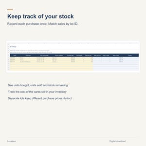 May include: A digital inventory tracking spreadsheet template featuring a dark blue header row with columns for Lot ID, Card name, Set, Condition, Purchase date, Units bought, Cost, Units sold, Units in stock, and Stock at cost, with sample data rows.