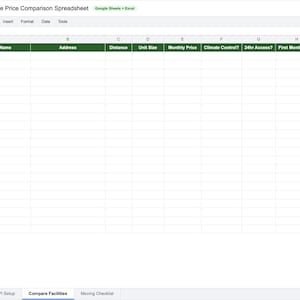 May include: A screenshot of a spreadsheet titled "Self Storage Price Comparison Spreadsheet" in Google Sheets. The spreadsheet has columns for facility name, address, distance, unit size, monthly price, climate control, 24hr access, and first month free.
