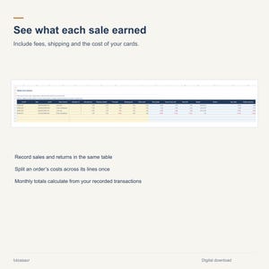 May include: A digital spreadsheet template for tracking sales and returns. The interface displays a table with columns for date, sales channel, quantity, fees, and net profit. Text includes 'See what each sale earned' and 'Record sales and returns'.