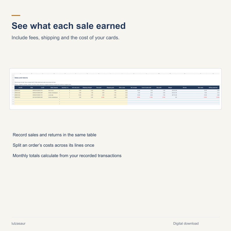 May include: A digital spreadsheet template for tracking sales and returns. The interface displays a table with columns for date, sales channel, quantity, fees, and net profit. Text includes 'See what each sale earned' and 'Record sales and returns'.
