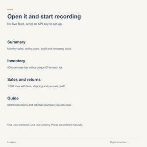 May include: A digital document with dark blue text on a light background. It features the headings Open it and start recording, Summary, Inventory, Sales and returns, and Guide, with descriptive text for each section and a footer with lutzasaur.