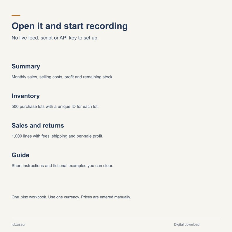 May include: A digital document with dark blue text on a light background. It features the headings Open it and start recording, Summary, Inventory, Sales and returns, and Guide, with descriptive text for each section and a footer with lutzasaur.