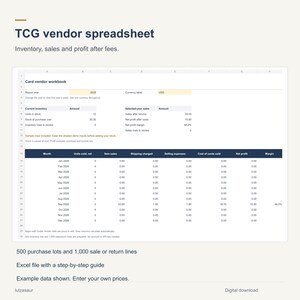 May include: A digital TCG vendor spreadsheet for tracking inventory, sales, and profit. The interface displays a card vendor workbook with columns for month, units sold, item sales, shipping, expenses, cost, net profit, and margin data.
