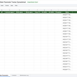 May include: A spreadsheet titled "Aquarium Water Parameter Tracker Spreadsheet" in Google Sheets. The spreadsheet has columns for date, pH, ammonia, nitrite, nitrate, temperature, KH, GH, phosphate, status, and notes. The spreadsheet is white with green headers.