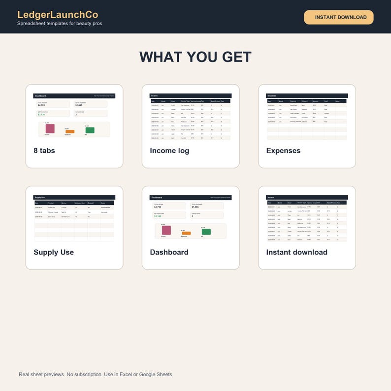 Nail Tech Income and Expense Tracker, Nagelstudio Tabelle | Kunden, Materialien, Standverleih, Tipps | Excel + Google Sheets Bild 3
