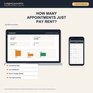 Booth Rent Break-Even Calculator and Tracker, Salon Chair Rental Spreadsheet | Income, Tips, Rent | Excel + Google Sheets