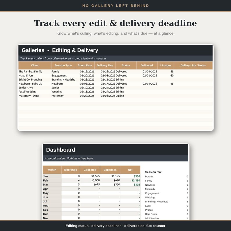 Fotografen-Customer-Tracker, Fotografie-CRM und Buchungstabelle | Zahlung, Restzahlung und Versand | Excel + Google Sheets Bild 4