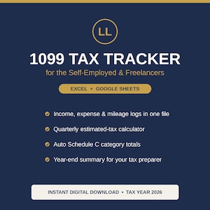 Peut inclure: Un outil de suivi fiscal 1099 num&eacute;rique pour les ind&eacute;pendants et freelances, compatible avec Excel et Google Sheets. Il comprend des journaux de revenus, d&eacute;penses et kilom&eacute;trage, un calculateur d'imp&ocirc;ts trimestriel, des totaux et un r&eacute;sum&eacute; 2026.