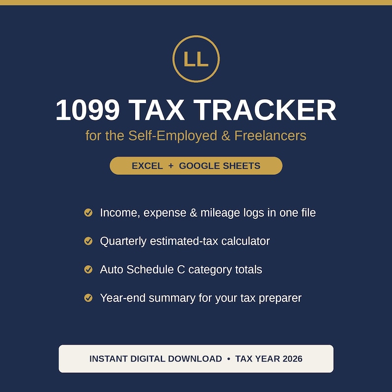 Peut inclure: Un outil de suivi fiscal 1099 num&eacute;rique pour les ind&eacute;pendants et freelances, compatible avec Excel et Google Sheets. Il comprend des journaux de revenus, d&eacute;penses et kilom&eacute;trage, un calculateur d'imp&ocirc;ts trimestriel, des totaux et un r&eacute;sum&eacute; 2026.