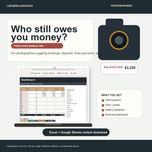Fotografen-Customer-Tracker, Fotografie-CRM und Buchungstabelle | Zahlung, Restzahlung und Versand | Excel + Google Sheets Bild 1