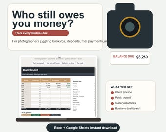 Sistema de seguimiento de clientes para fotógrafos, CRM para fotografía y hoja de cálculo de reservas / Pagos, saldos y entrega de galerías / Excel + Google Sheets