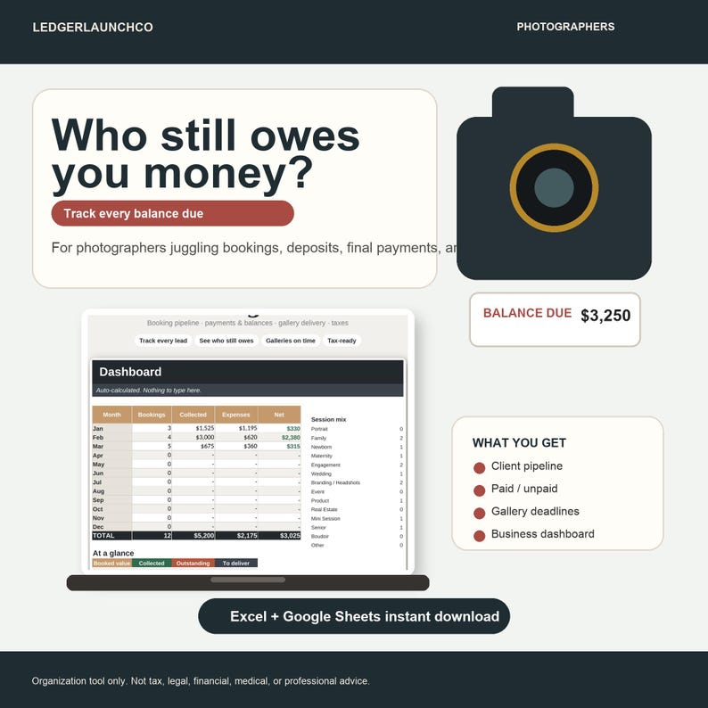 Fotografen-Customer-Tracker, Fotografie-CRM und Buchungstabelle | Zahlung, Restzahlung und Versand | Excel + Google Sheets Bild 1