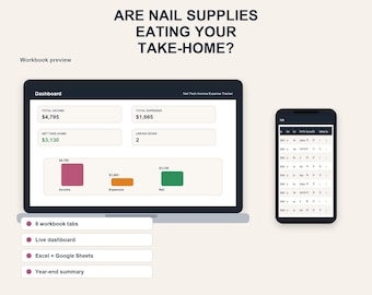 Nail Tech Income and Expense Tracker, Nail Salon Spreadsheet | Clients, Supplies, Booth Rent, Tips | Excel + Google Sheets