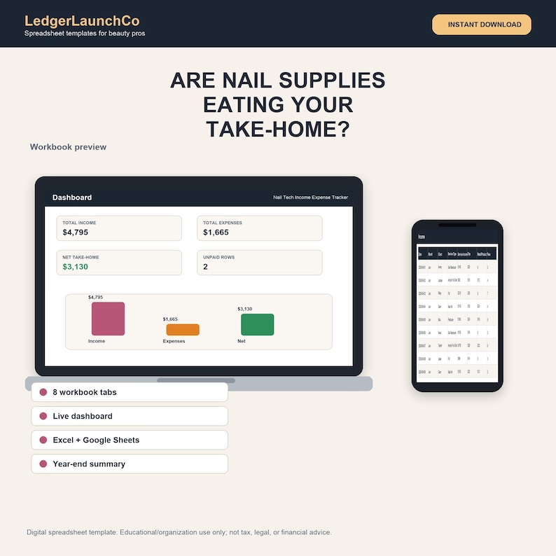 Nail Tech Income and Expense Tracker, Nagelstudio Tabelle | Kunden, Materialien, Standverleih, Tipps | Excel + Google Sheets Bild 1
