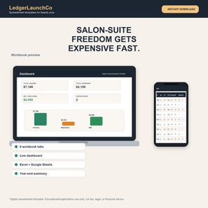 Registro de gastos para salones de belleza, hoja de cálculo para negocios de belleza / Alquiler, suministros, ingresos, punto de equilibrio / Excel + Google Sheets imagen 1