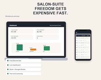 Suivi des dépenses pour salon de coiffure, feuille de calcul pour salon de beauté | Loyer, fournitures, revenus, seuil de rentabilité | Feuilles Excel + Google