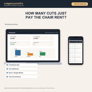 Barber Chair Rental Income Tracker, Barber Shop Spreadsheet | Cuts, Tips, Chair Rent, Expenses | Excel + Google Sheets image 1