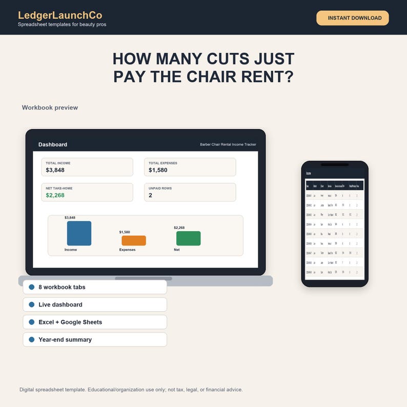Barber Chair Rental Income Tracker, Barber Shop Spreadsheet | Cuts, Tips, Chair Rent, Expenses | Excel + Google Sheets image 1