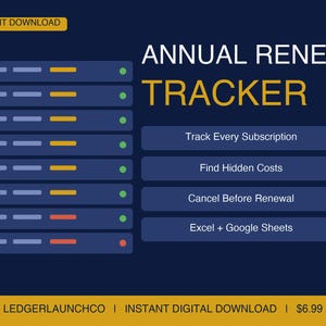 Annual Subscription Renewal Tracker | Yearly Calendar | Excel, Google Sheets (Digital Download)