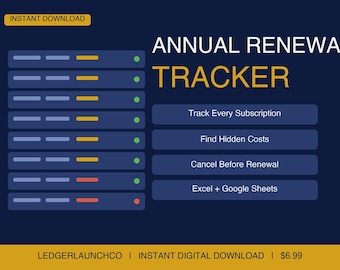 Jährliche Abonnement-Verlängerungs-Tracker | Jahreskalender | Excel, Google Sheets (Digitaler Download)