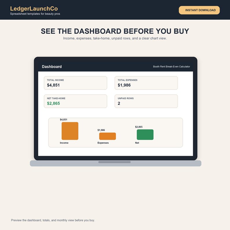 Booth Rent Break-Even Calculator and Tracker, Salon Chair Rental Spreadsheet | Income, Tips, Rent | Excel + Google Sheets image 2