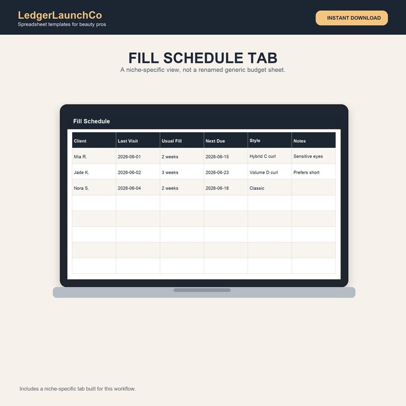 Strumento di monitoraggio delle entrate e delle uscite per lash technician, foglio di calcolo per l'attività di extension ciglia / Clienti, ritocchi, forniture, mance / Excel + Fogli Google immagine 4