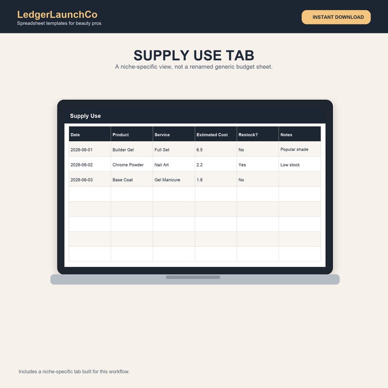 Nail Tech Income and Expense Tracker, Nagelstudio Tabelle | Kunden, Materialien, Standverleih, Tipps | Excel + Google Sheets Bild 4