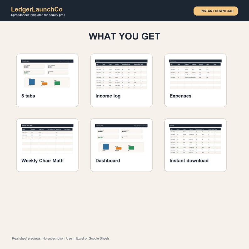 Barber Chair Rental Income Tracker, Barber Shop Spreadsheet | Cuts, Tips, Chair Rent, Expenses | Excel + Google Sheets image 3