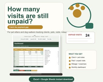 Haustier sitzen und Hunde Ausführer Geschäft Tracker, Kunden & Haustier Tabelle | Besuche, Zahlungen, Kilometerstand | Excel + Google Sheets