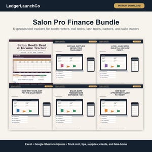 May include: A digital Salon Pro Finance Bundle by LedgerLaunchCo featuring six spreadsheet trackers for salon professionals. The layout displays various dashboard previews for tracking income, expenses, and rent, compatible with Excel and Google Sheets.