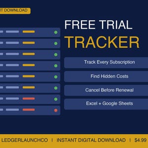 Free Trial Tracker | Cancel Reminder + Renewal Calendar | Excel, Google Sheets (Digital Download)